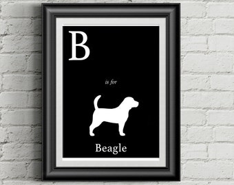 Alphabet Art Print - dog art print - B is for Beagle Art Print - nursery art - dog silhouette art print - dog wall art - nursery wall art