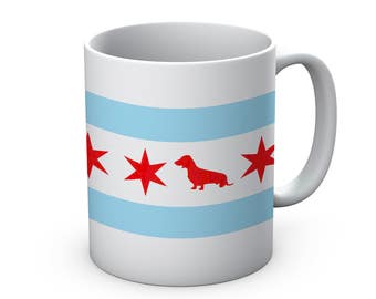 Chicago Flag Dachshund Ceramic Mug  - Chicago Coffee Mug - Dachshund Mug - Dog Mug - Coffee Cup - Gift for Dachshund Lovers - Doxie Mug