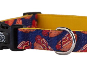 Hot Dog Print Dog Collar – Navy, Soft Comfort Fit
