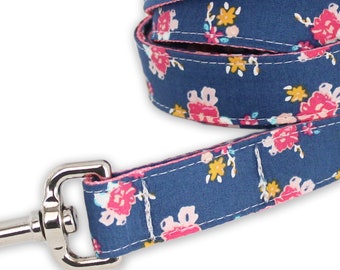 Navy Dog Leash - Navy and Pink Dog Leash - Navy Floral Dog Leash - Dog Lead -  Colorful Flower Dog Leash - Aurora Dog Leash - fabric leash