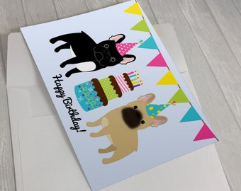Biglietto di compleanno - Fawn French Bulldog Birthday Card - Black French Bulldog lover card - Bulldog francese con cappello di compleanno -Regalo Bulldog francese