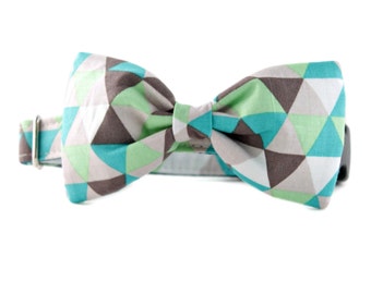 Bow Tie Dog Collar - Taupe and Green Diamonds Bow Tie Dog Collar  - Bowtie for dogs - dog wedding attire - boy dog collar - collar for dog