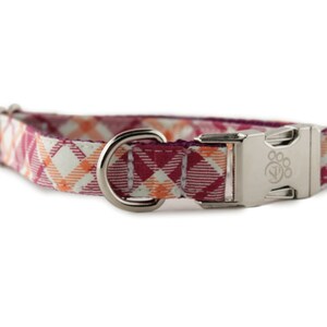 May include: A pink and orange plaid dog collar with a silver buckle and a silver D-ring. The buckle has a paw print logo.