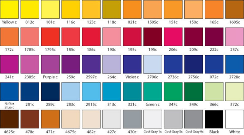 May include: A color chart with 36 different color squares. The colors are arranged in rows and columns, with the names of the colors listed below each square. The colors include yellow, orange, red, pink, purple, blue, green, brown, gray, black, and white.