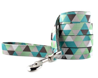 Dog Leash - Taupe and Green Diamonds Dog Leash -Teal Blue White Brown Dot Leash - Dog Lead - Fabric Dog Lead