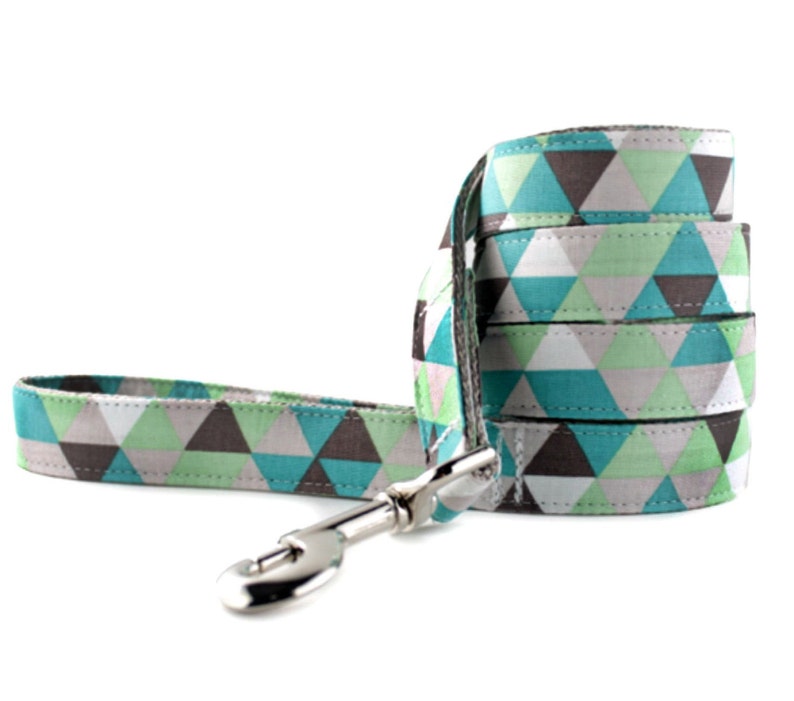 Dog Leash Taupe and Green Diamonds Dog Leash Teal Blue White Brown Dot Leash Dog Lead Fabric Dog Lead image 1