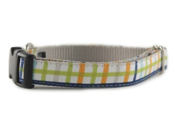 Plaid Dog Collar - Green Blue Orange White Plaid - boy dog collar - preppy dog collar - Andy Dog Collar - pet collar