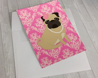 Pug Greeting Card - Fawn Pug Greeting Card - Pug in pearls greeting card - dog lover card - Pug lover greeting card - cute pug greeting card