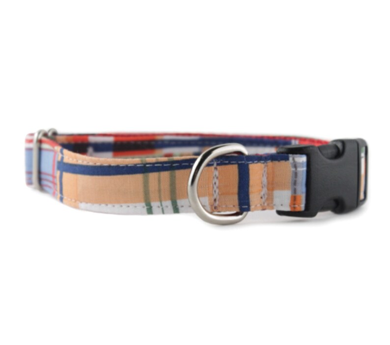 May include: A patterned dog collar with a black plastic buckle and a silver metal D-ring. The collar is made of a fabric with a plaid pattern in shades of blue, red, and beige.
