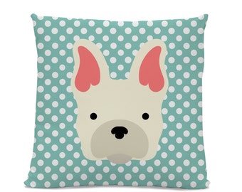 Français Bulldog Pillow - Oreiller mignon pour chien - Oreiller Teal Polka Dot - Oreiller de race de chien - Oreiller de chambre d’enfant - Oreiller à pois - Amoureux des chiens