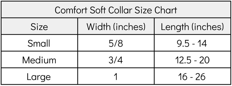 May include: A chart showing the size guide for soft collars. The chart lists the size, width in inches, and length in inches. The sizes are small, medium, and large.