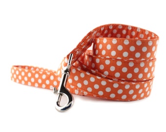 Orange Dog Leash - Orange and White Polka Dot Dog Leash from Sophisticated Pup - Orange White Dot Leash - Dog Lead - Fabric Dog Lead