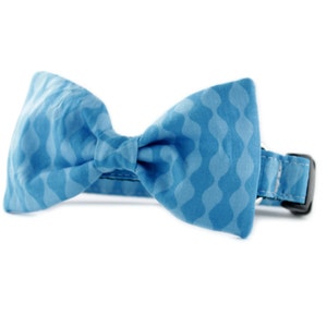 May include: A blue patterned bow tie attached to a black dog collar.