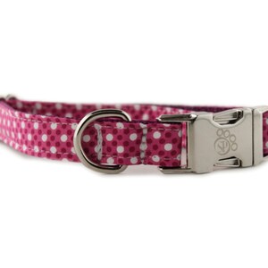 May include: Pink dog collar with white polka dots and a silver buckle. The buckle has a paw print logo.