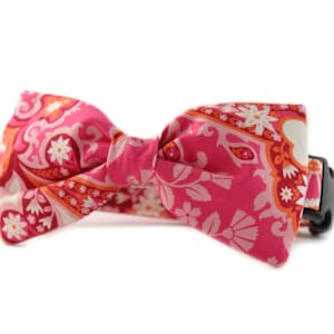 Pu&ograve; includere: Un papillon rosa con un motivo paisley in tonalit&agrave; arancio, bianco e rosa. Il papillon &egrave; attaccato a un collare nero regolabile.