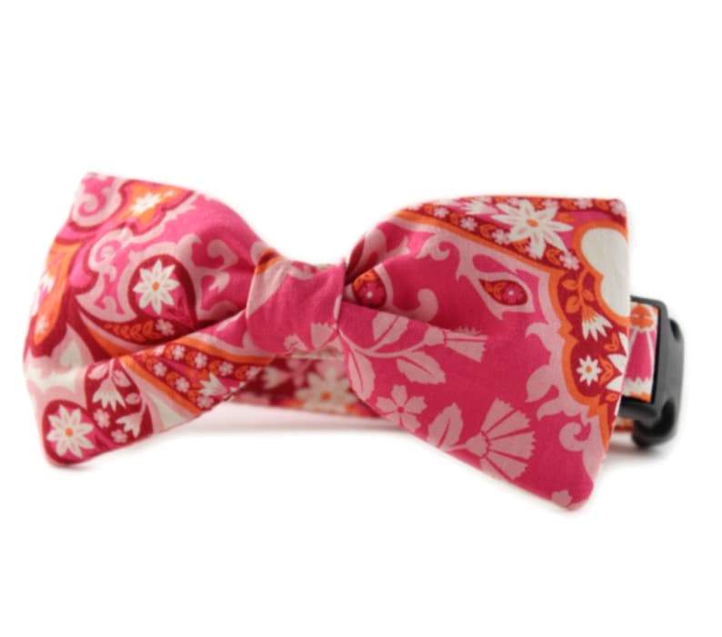 Pu&ograve; includere: Un papillon rosa con un motivo paisley in tonalit&agrave; arancio, bianco e rosa. Il papillon &egrave; attaccato a un collare nero regolabile.