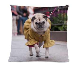 May include: A pug dog wearing a yellow and pink dress walks on a sidewalk. The dog is wearing a leash and is looking at the camera.
