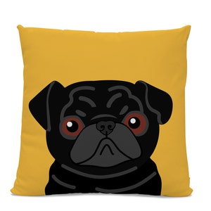 May include: A black pug dog with brown eyes is featured on a yellow pillow. The pug's face is centered on the pillow, with its ears and part of its body visible.