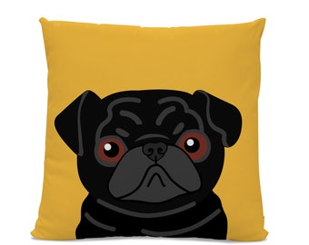 May include: A black pug dog with brown eyes is featured on a yellow pillow. The pug's face is centered on the pillow, with its ears and part of its body visible.