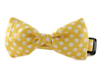 Yellow and White Polka Dot Bow Tie Dog Collar - Lemon Dot Bowtie Dog Collar