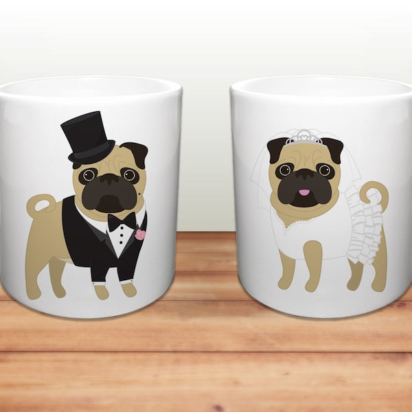 Pug Coffee Mugs - Wedding Pugs Ceramic Mugs  - Pug Lover Wedding Gift - Pug Mugs - Set of 2 Mugs - Pug Lover Gift - Pug Wedding