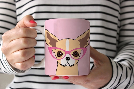 Chihuahua with Glasses Coffee Mug - Chihuahua Ceramic Mug  - Dog Mug - Gift for Coffee Lovers - Chihuahua Lover Gift - Pink Chihuahua Mug