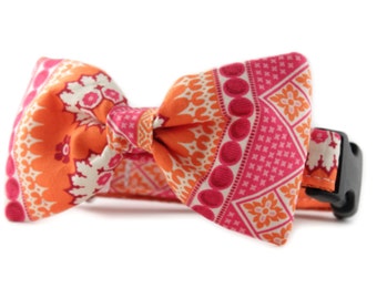 Pink Bow Tie Dog Collar - Ishya in Orange Bowtie Dog Collar- orange bow tie dog collar- orange pink fabric collar and bow tie