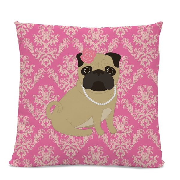 Pug Pillow - Pug in Pearls Pillow - dog pillow - pink pug decor - pug throw pillow - pink pillow - pug decorative pillow - damask pillow