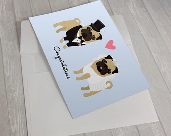 Wedding Card - Wedding Pugs Greeting Card - Card for wedding - pug lover card - bride and groom pugs - wedding gift - box of wedding cards