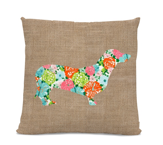 Floral Dachshund Pillow - Dachshund Silhouette Pillow - Dog Home Decor - doxie home decor - Burlap look Pillow - Dog Pillow