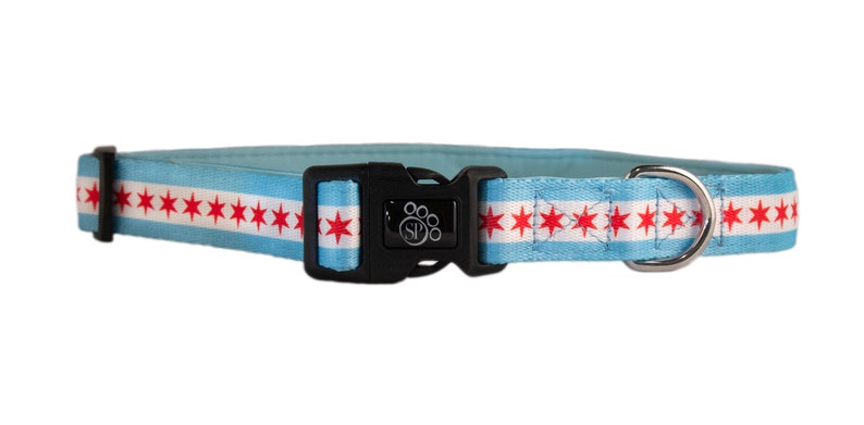 May include: A light blue dog collar with a red and white star pattern, a black buckle, and a silver D-ring. The collar features a small paw print logo.