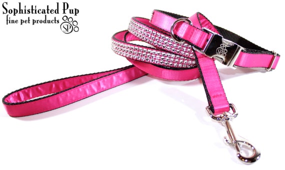 Pink Satin Bling Dog Collar and Leash Set Sparkly Collar and Leash