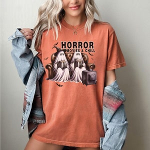 Horror Movies and Chill Comfort Colors® Shirt,  Retro Ghost T-shirt, Horror Movie Tee, Vintage Halloween, Spooky Season, Horror Movie Lover