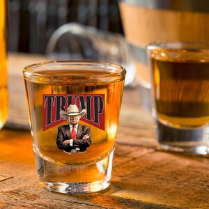Trump Shot Glass, Western Trump Shot Glass, Cowboy Trump Shot Glass, Trump Supporter Gift, Republican Gift, Stocking Stuffer, Gifts Under 30