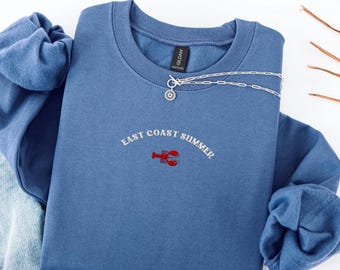 Embroidered East Coast Sweatshirt, East Coast Summer Crewneck, Lobster Crewneck, East Coast Beach Vacation Sweatshirt, Coastal Sweatshirt
