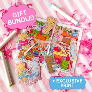 May include: A gift bundle featuring a colorful illustrated book and several die-cut stickers with animal characters. The stickers and book have the text "NAT'S PATCH" and "CUTE DAYS". The image includes pink and white striped background and markers.