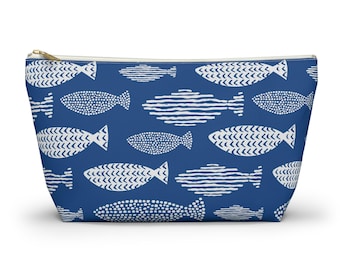 Bolsa para accesorios y cosméticos con base en T, neceser de maquillaje, colección Coastal, estampado de peces, 2 tamaños