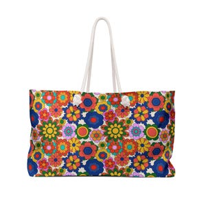 Woodstock Floral Beach Tote Bag, Large Weekender Bag, Boho Travel Tote, Summer Vacation Bag, Oversized Beach Bag with Rope Handles