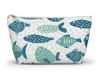 Bolsa para accesorios y cosméticos con base en T, neceser de maquillaje, colección Coastal, estampado de peces, 2 tamaños