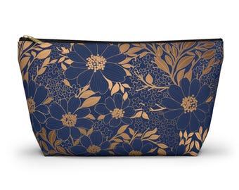 Bolsa para accesorios y cosméticos con base en T, neceser de maquillaje, diseño floral azul y dorado, 2 tamaños