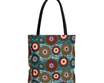 Tote Bag, Tribal Print, Green Red Yellow African Design, 3 Sizes