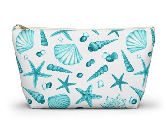 Bolsa para accesorios y cosméticos con base en T, neceser, colección Coastal, estampado de conchas marinas, 2 tamaños