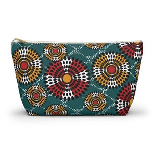 Accessory and Cosmetic Pouch w/ T-bottom, Tribal Print, African Design, Green-Red-Gold, 2 Sizes