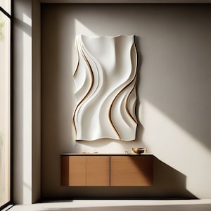 White Modern Wall Decor, Minimalist Vertical Wall Art, Abstract 3D Wood Carving Wood Carving, Handmade Wall Hanging