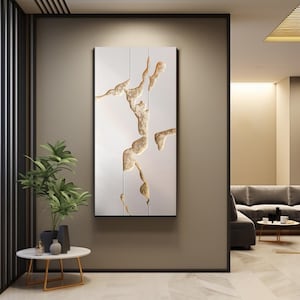 White And Gold Wood Wall Sculpture, Minimalist Wall Art, Modern Wood Wall Decor, Abstract 3D Wood Carving, Handmade Wall Hanging
