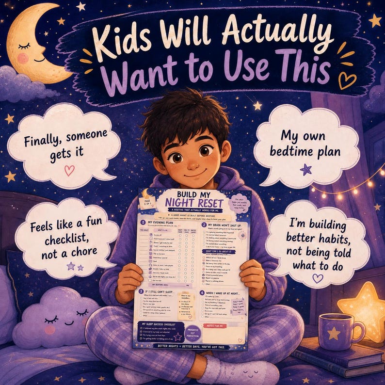 May include: A printed checklist titled Build My Night Reset featuring a routine for evening plans, brain calming techniques, and sleep success steps. The document is held by a person in purple pajamas against a dark blue starry night background.