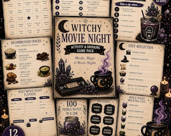 Può includere: Un pacchetto stampabile di attività e giochi alcolici per una serata film a tema stregonesco, che include 12 pagine con cartelle di bingo, domande, giochi a tema horror, consigli per snack, pianificatori e etichette per barattoli.