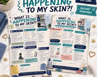 Può includere: Due schede educative stampabili intitolate What Is Happening To My Skin?! con consigli illustrati per la cura della pelle durante la pubertà. I documenti includono sezioni numerate su routine, acne, sudore e odore corporeo con liste.