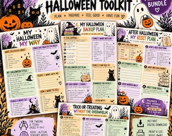 Può includere: Un pacchetto di 4 pagine stampabili per Halloween con liste di controllo e fogli di pianificazione. Le pagine includono testi come Neurodivergent Halloween Toolkit, My Halloween My Way, My Halloween Backup Plan e After Halloween My Reset Plan.