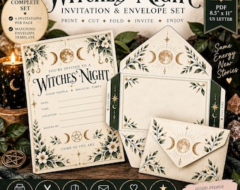 Può includere: Un set di invito e busta Witches' Night su carta color crema con illustrazioni delle fasi lunari, accenti floreali e dettagli a stella dorati. L'invito include campi per data, ora, luogo e ospite, con dimensioni di 21,6 cm per 27,9 cm.